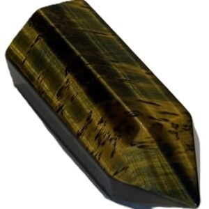 Polished dual tone blue and gold tigers eye crystal point standing upright showing golden chatoyant bands and dark blue black tones on a white background